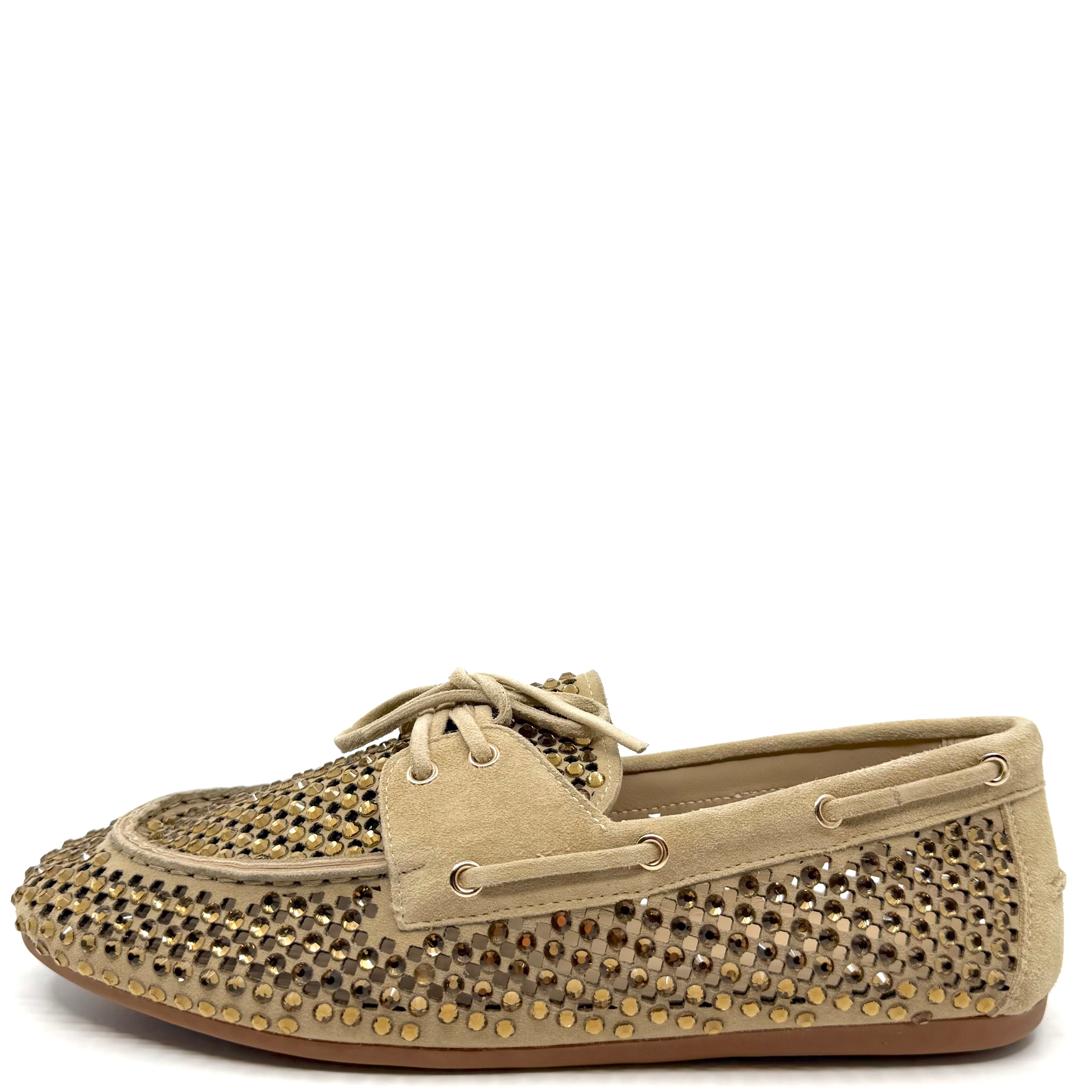 Lodi A-Emi Perforated Rhinestone Loafers Sand Suede Leather