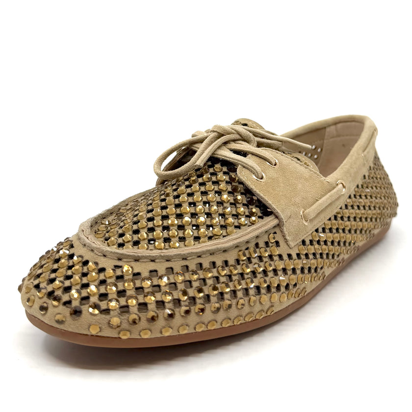 Lodi A-Emi Perforated Rhinestone Loafers Sand Suede Leather