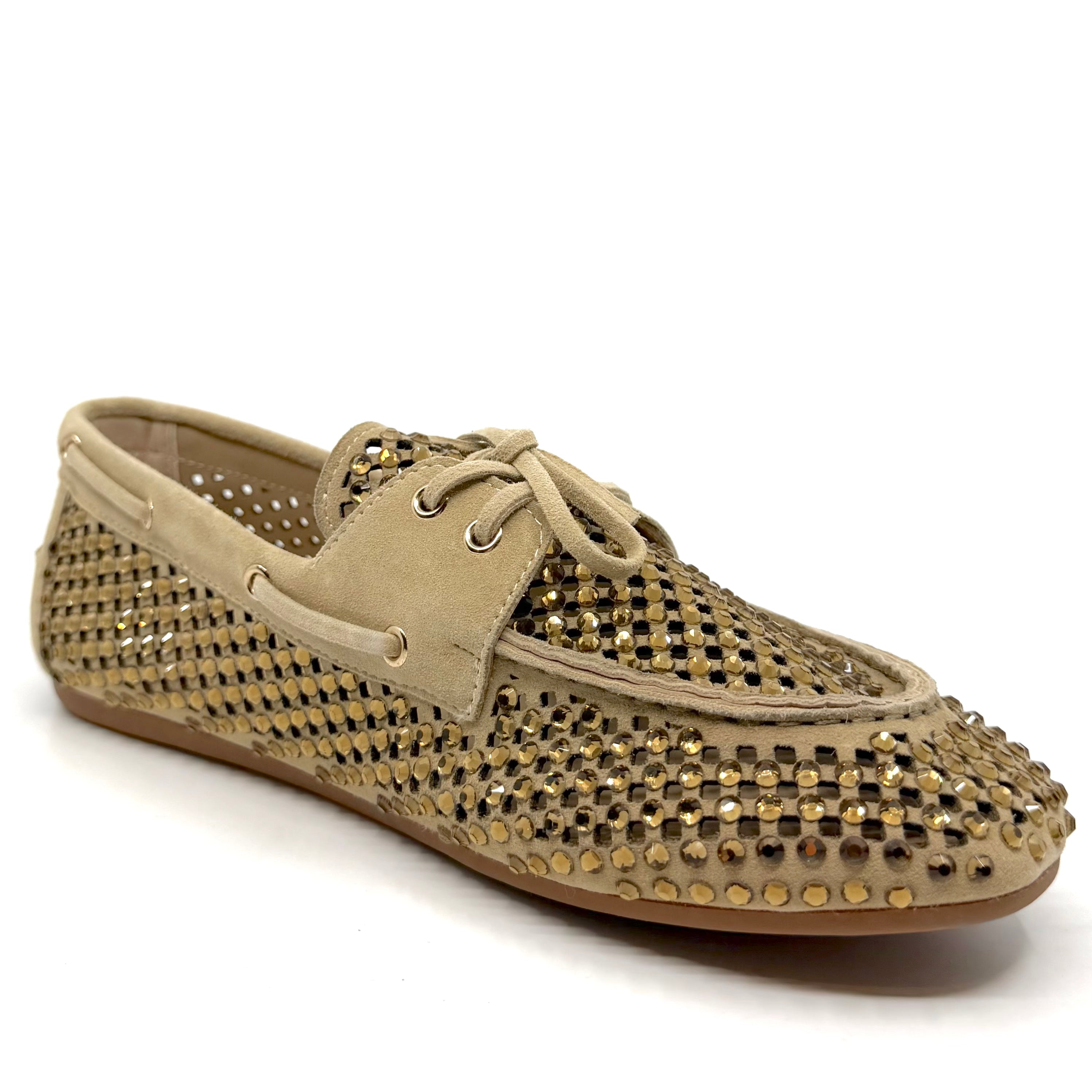 Lodi A-Emi Perforated Rhinestone Loafers Sand Suede Leather