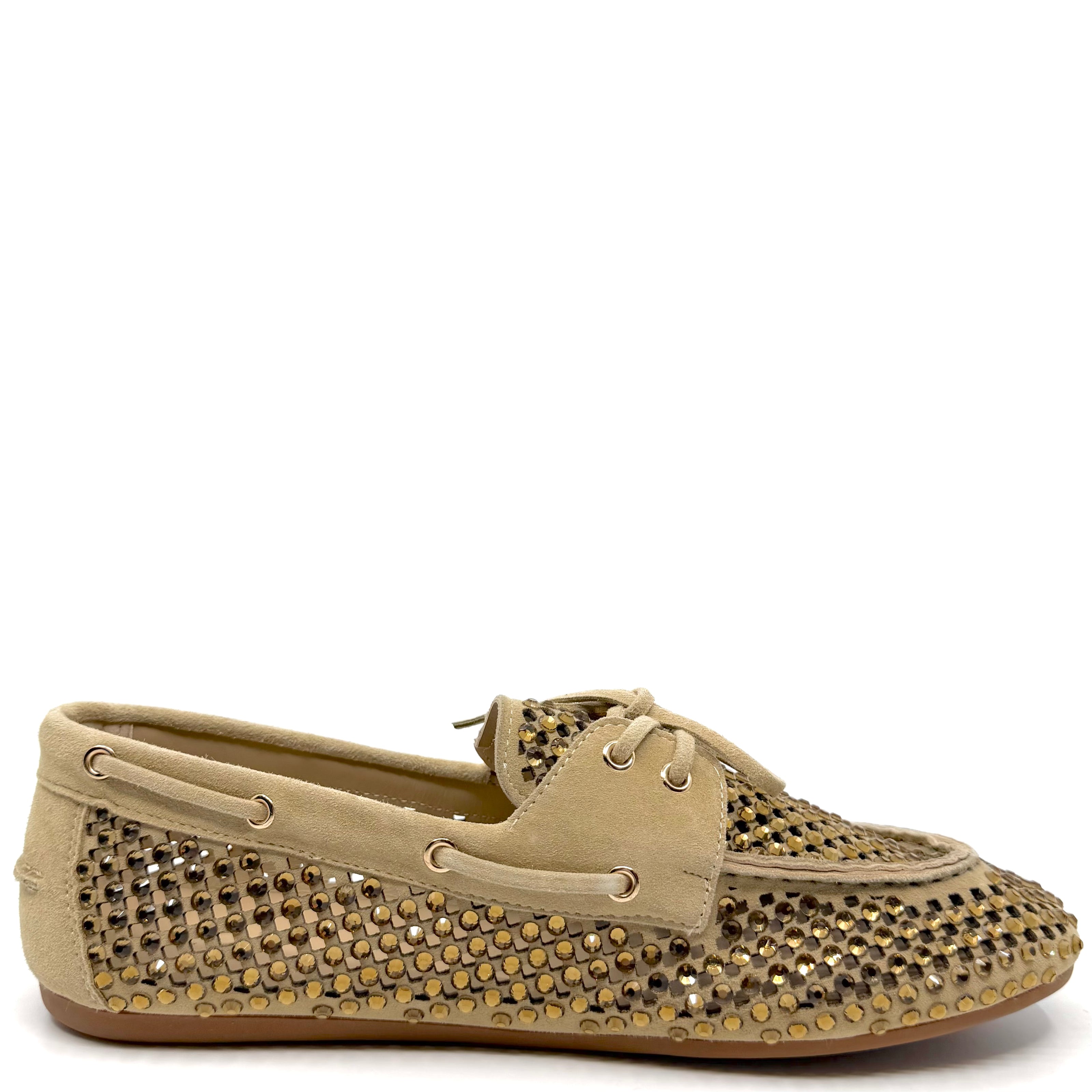 Lodi A-Emi Perforated Rhinestone Loafers Sand Suede Leather