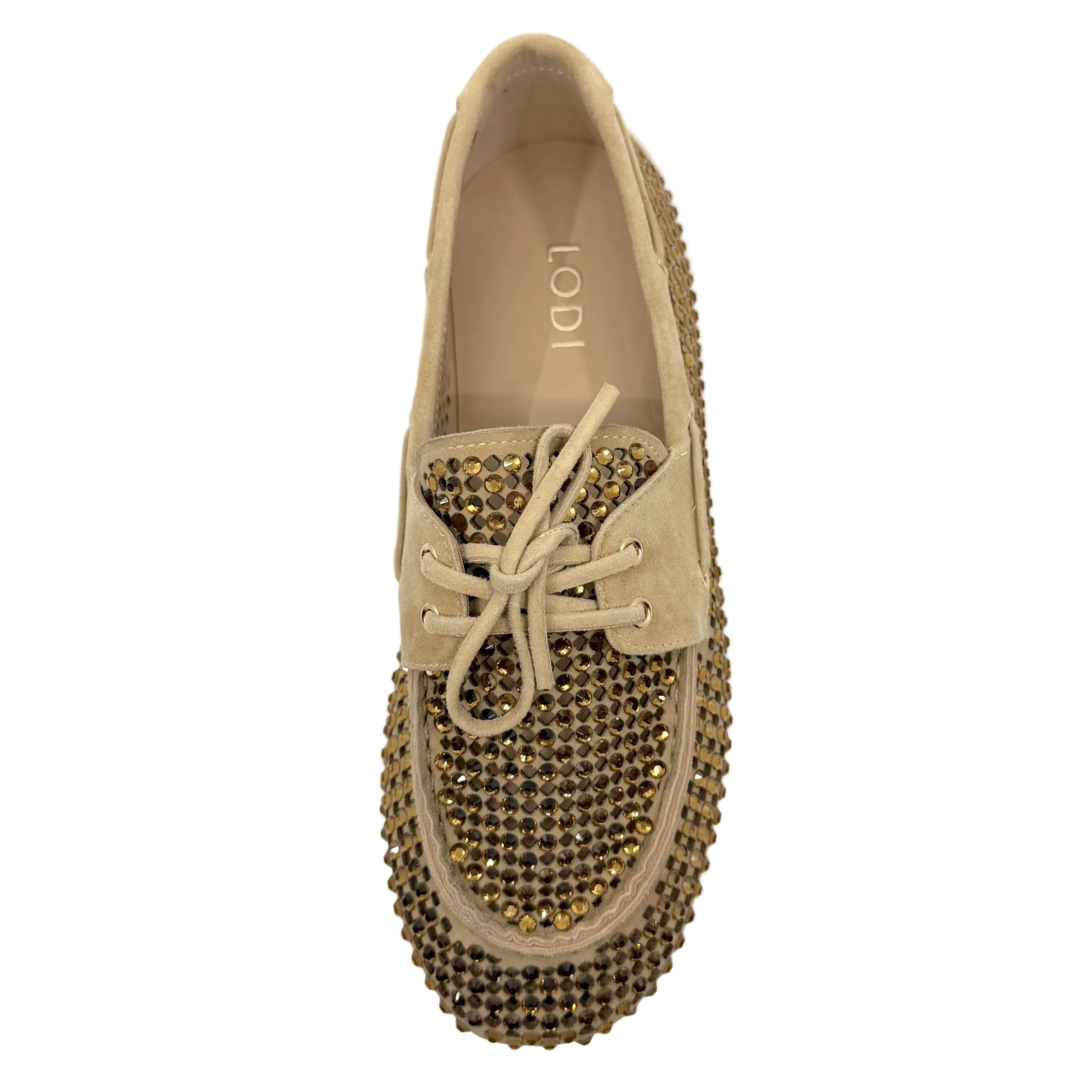Lodi A-Emi Perforated Rhinestone Loafers Sand Suede Leather