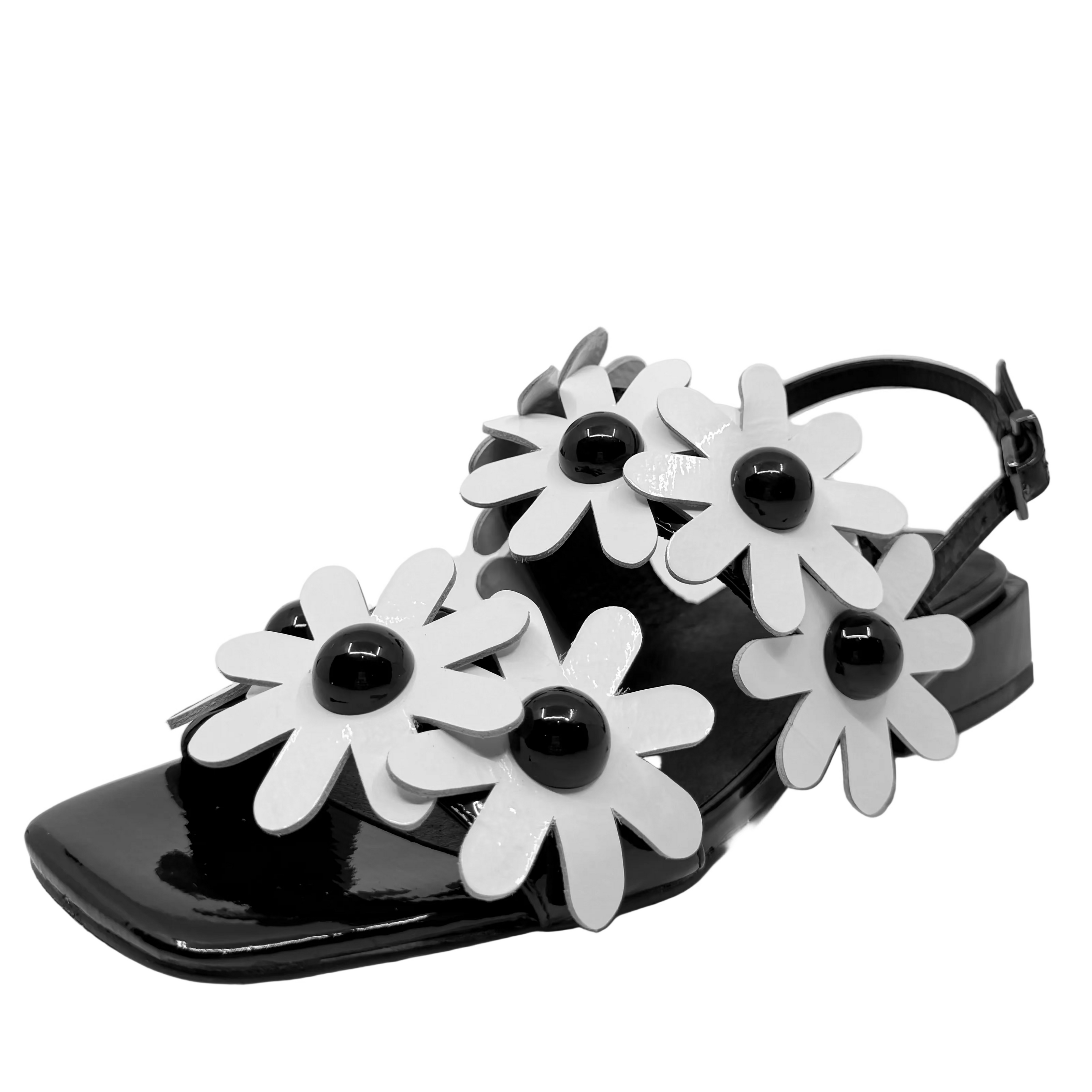 Django & Juliette Pellas Daisy Detail Sandals Black/ White Patent Leather