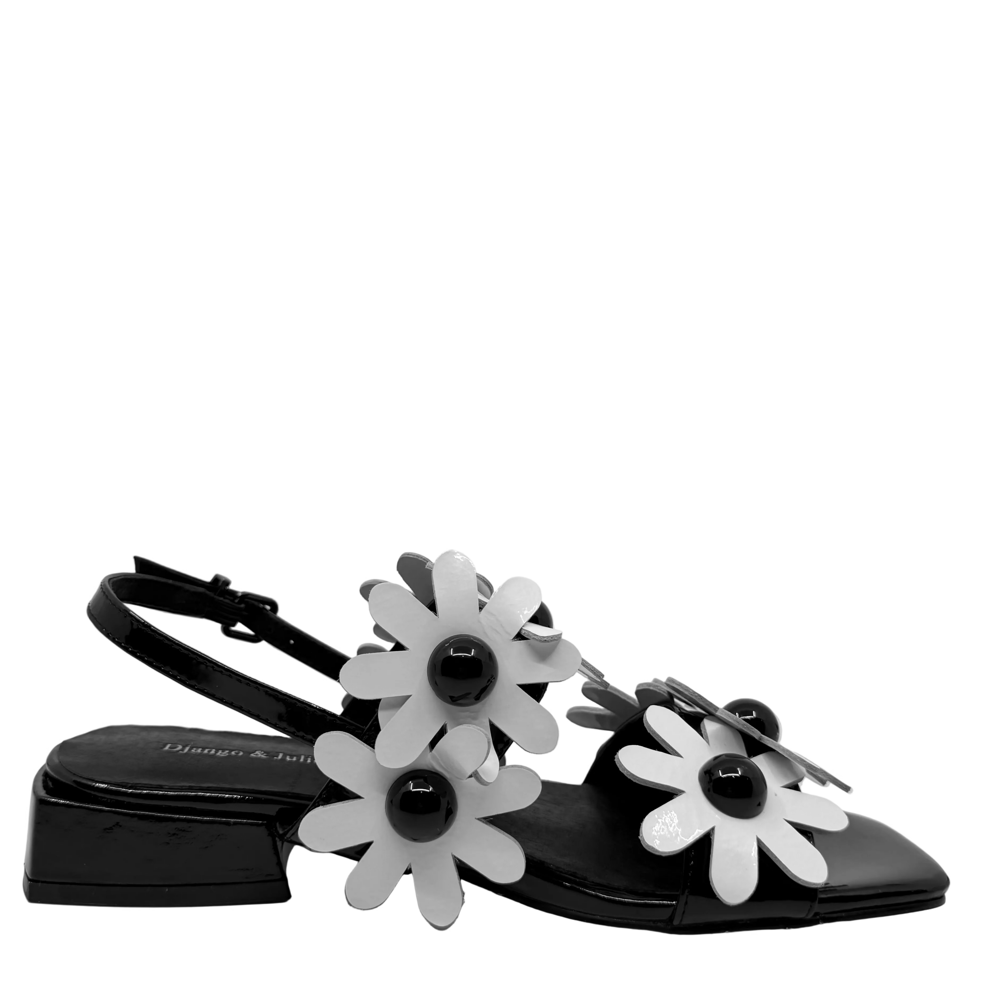 Django & Juliette Pellas Daisy Detail Sandals Black/ White Patent Leather
