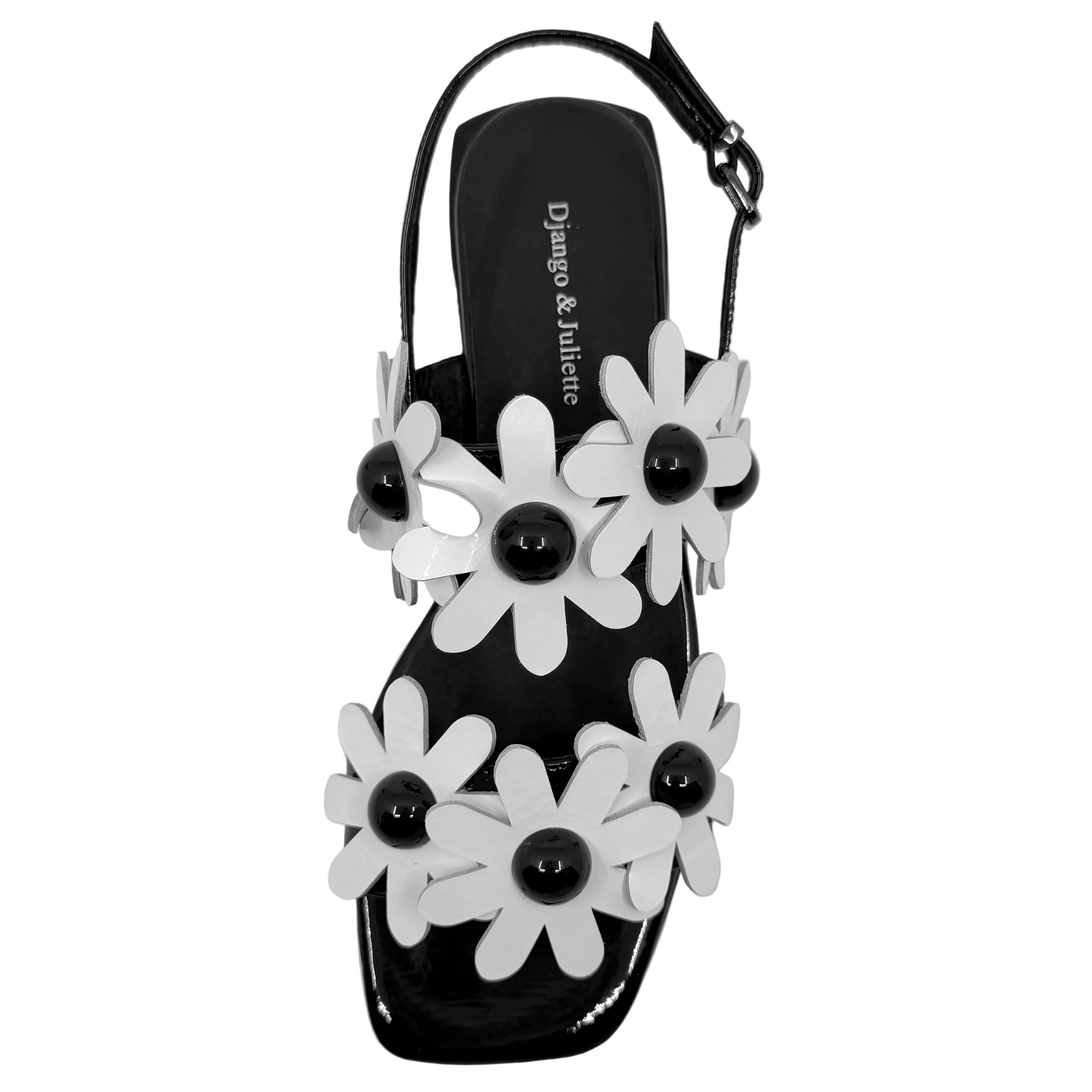 Django & Juliette Pellas Daisy Detail Sandals Black/ White Patent Leather