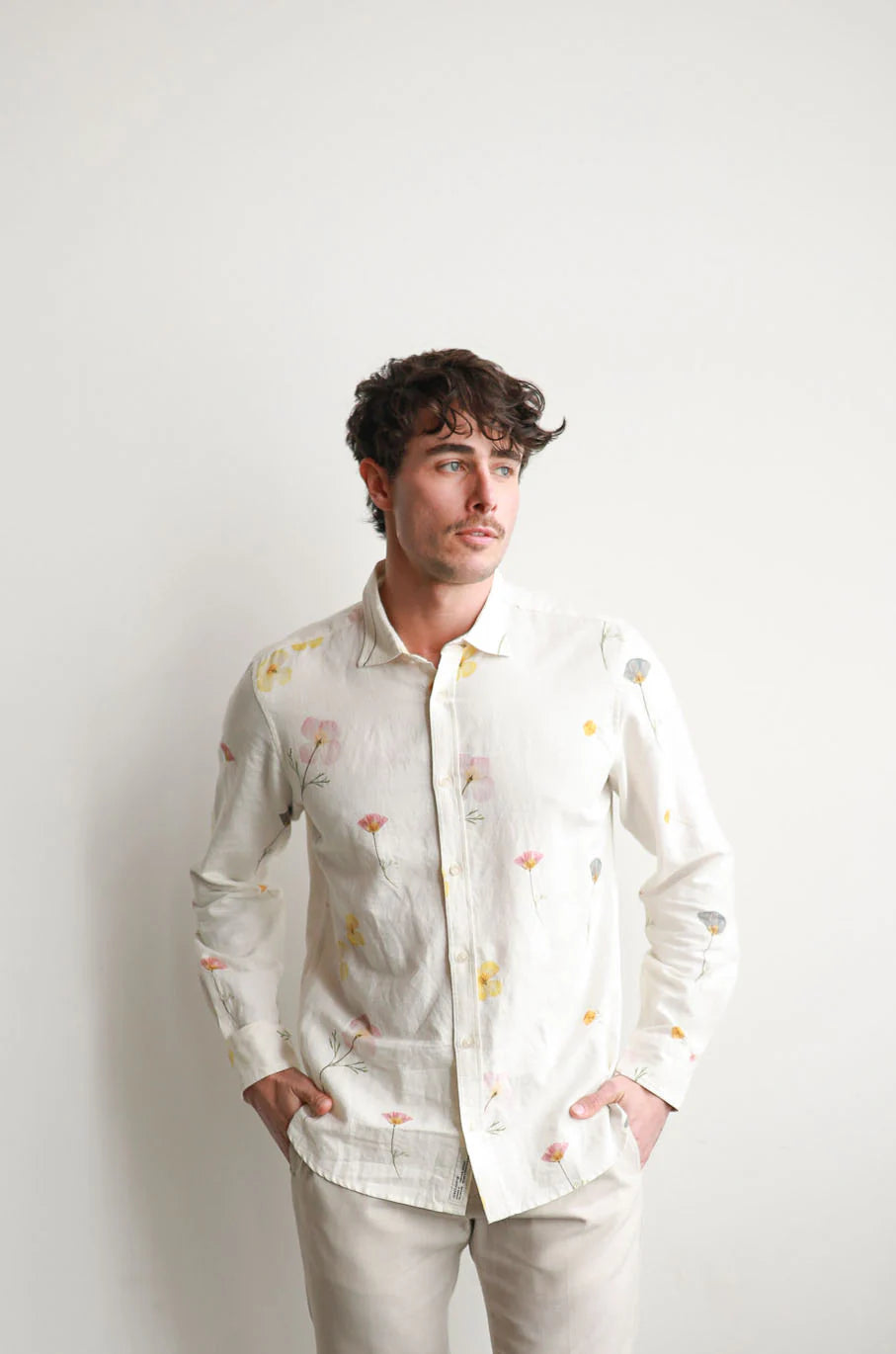 James Harper Pressed Flower Long Sleeve Linen L/S Shirt Multi