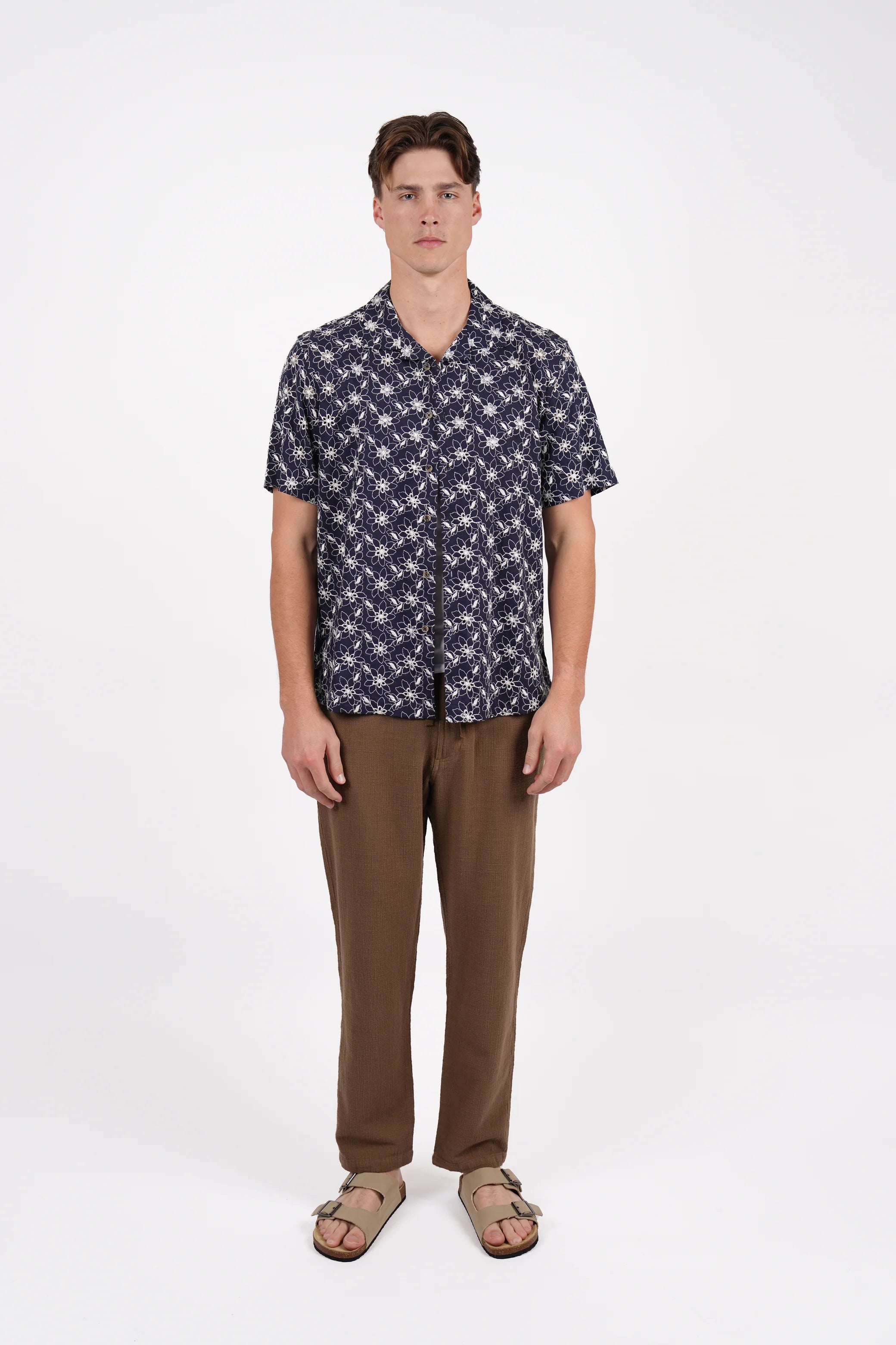 James Harper SS Cuban Collar Shirt Navy Floral Embroidery