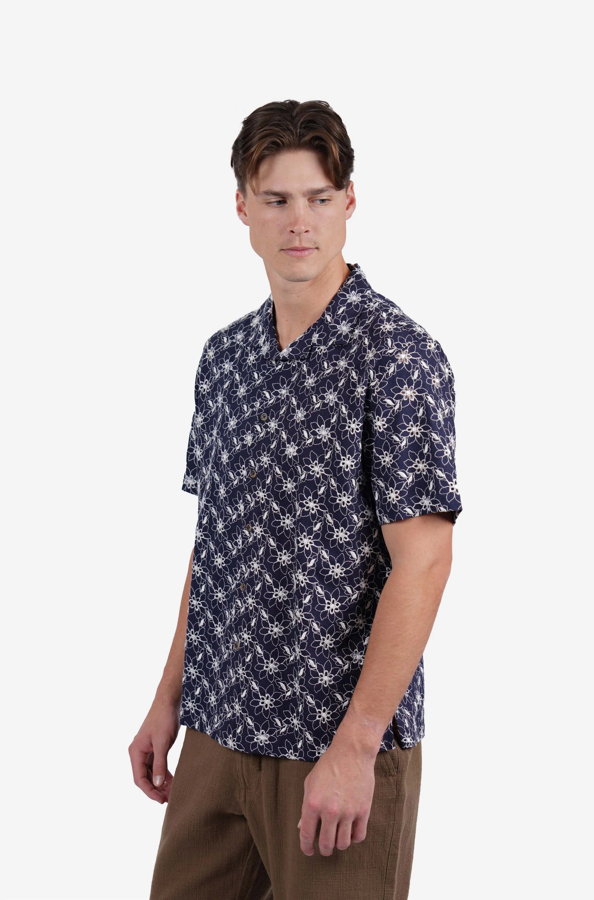 James Harper SS Cuban Collar Shirt Navy Floral Embroidery