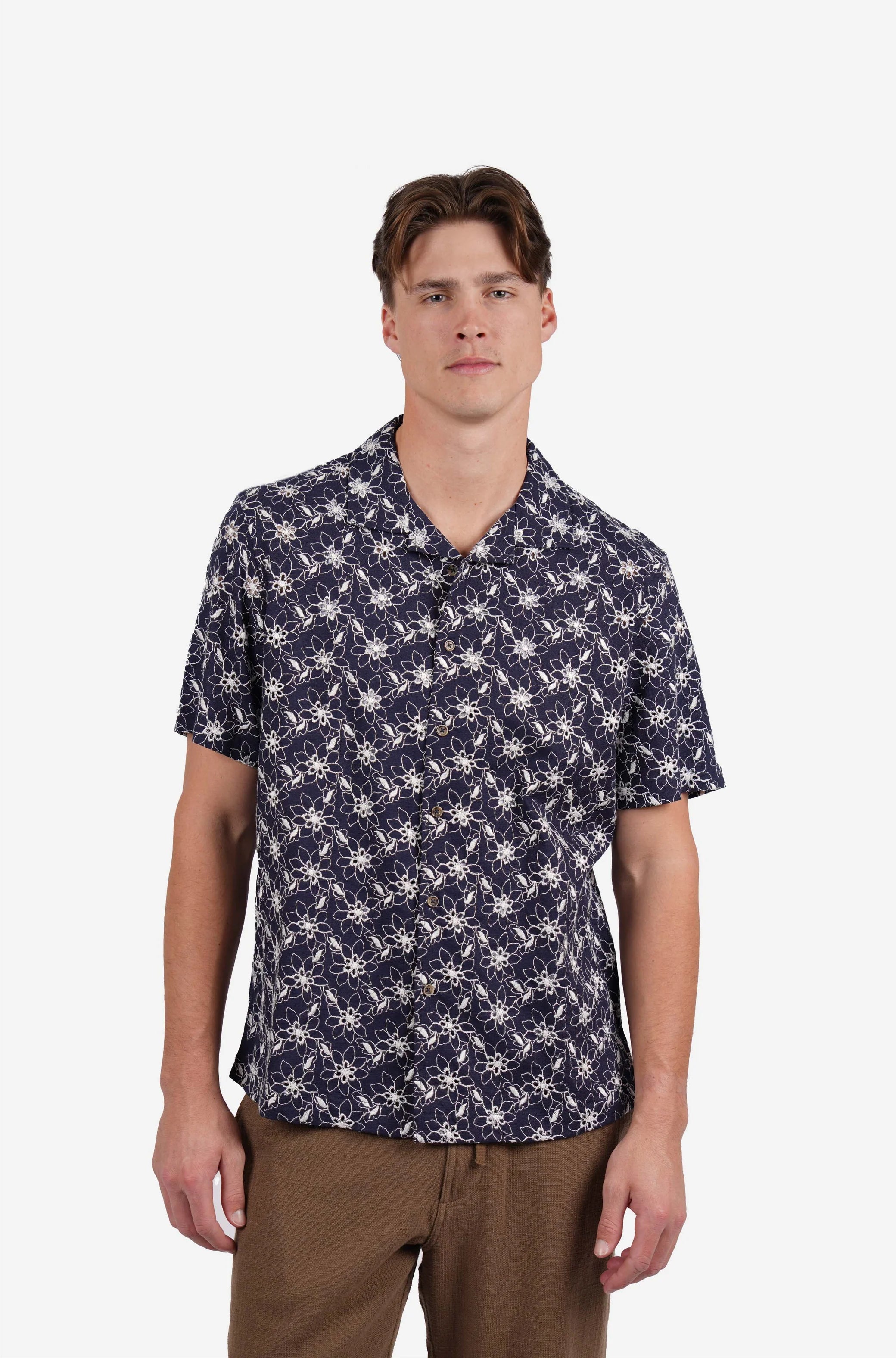 James Harper SS Cuban Collar Shirt Navy Floral Embroidery