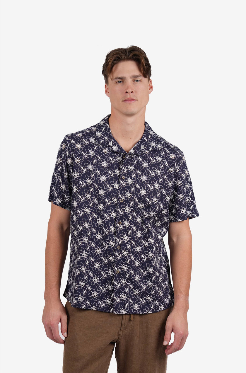 James Harper SS Cuban Collar Shirt Navy Floral Embroidery