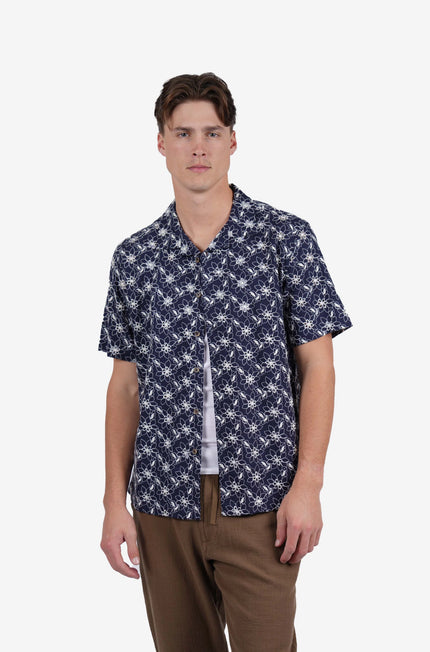James Harper SS Cuban Collar Shirt Navy Floral Embroidery