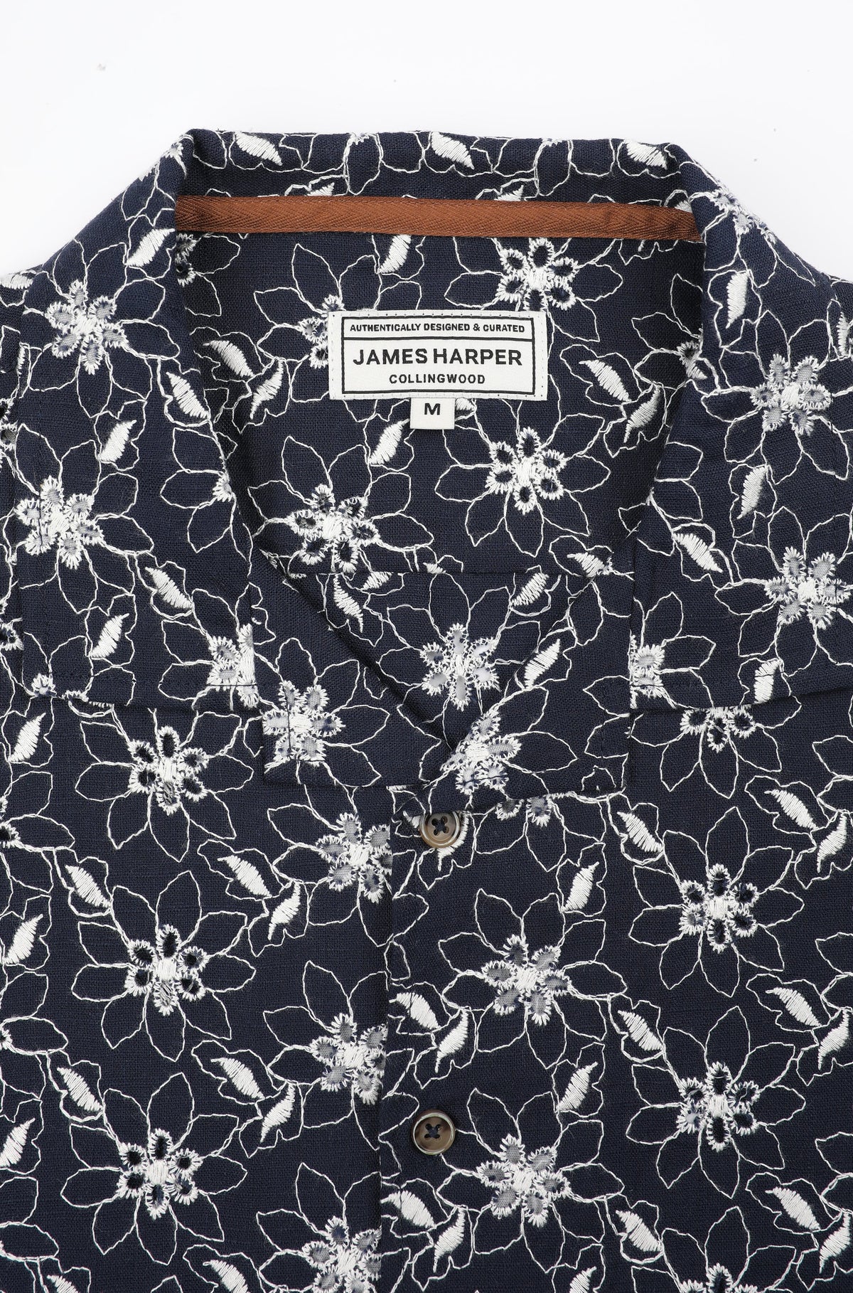 James Harper SS Cuban Collar Shirt Navy Floral Embroidery