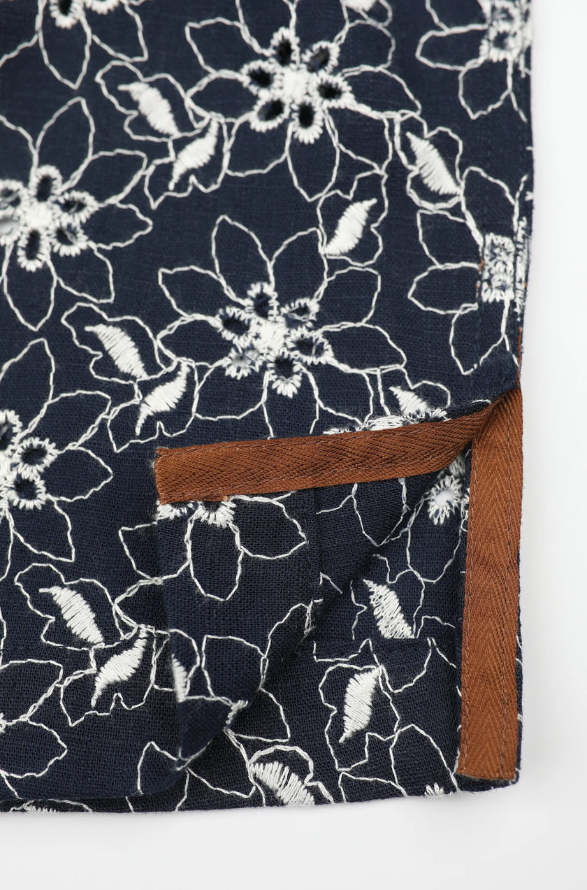 James Harper SS Cuban Collar Shirt Navy Floral Embroidery