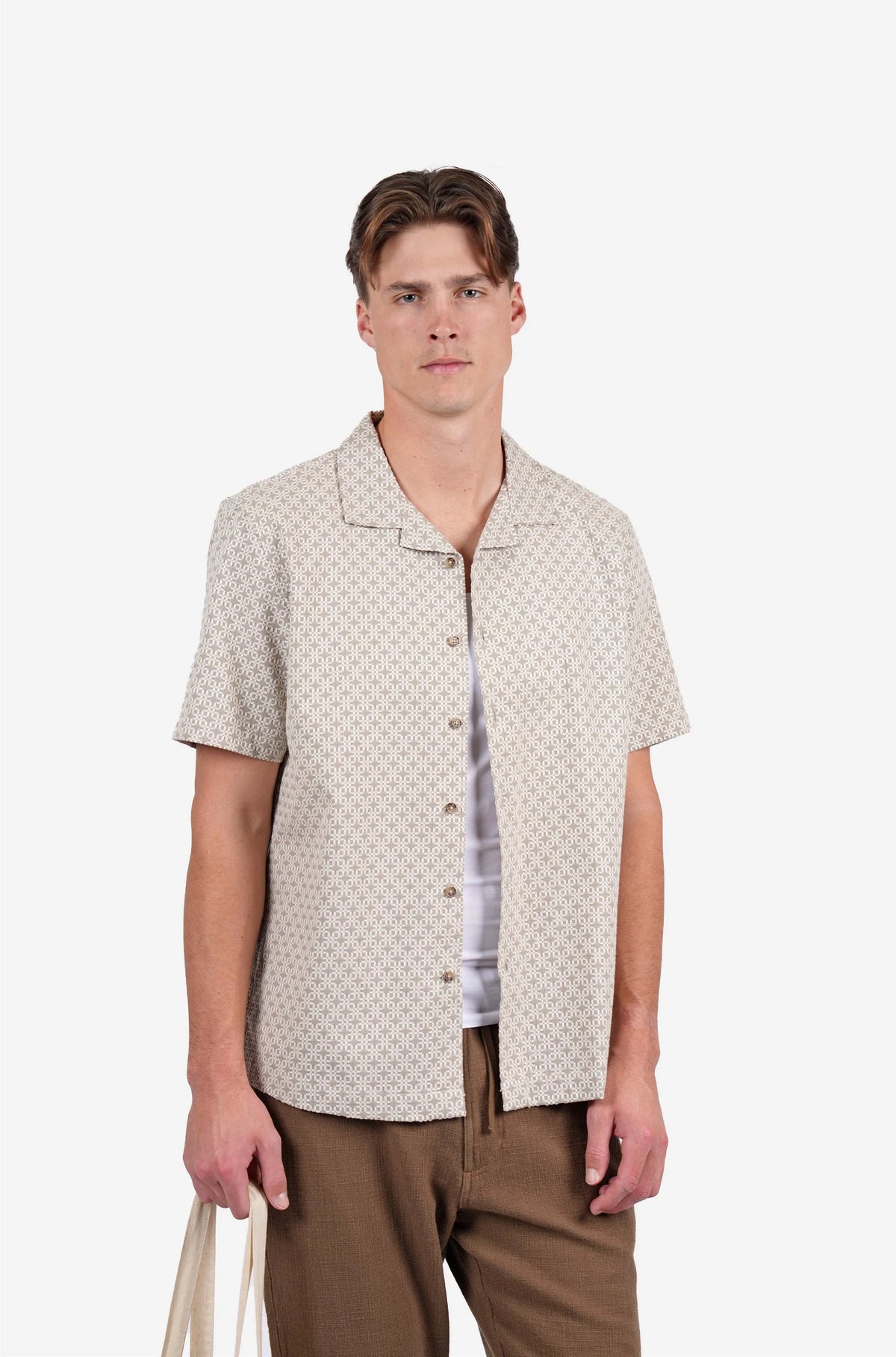 James Harper SS Square Embroidery Shirt Pebble