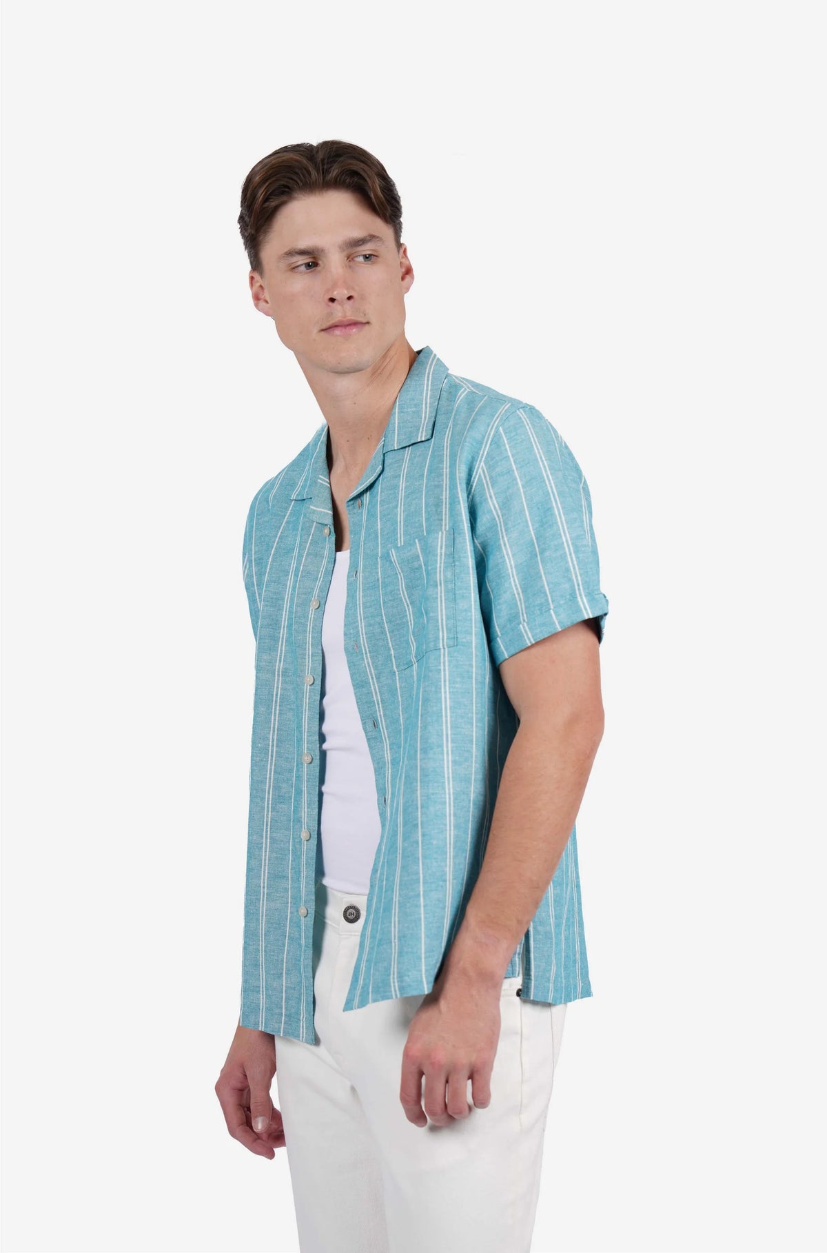 James Harper SS Shirt Cuban Collar Aqua Wide Stripe