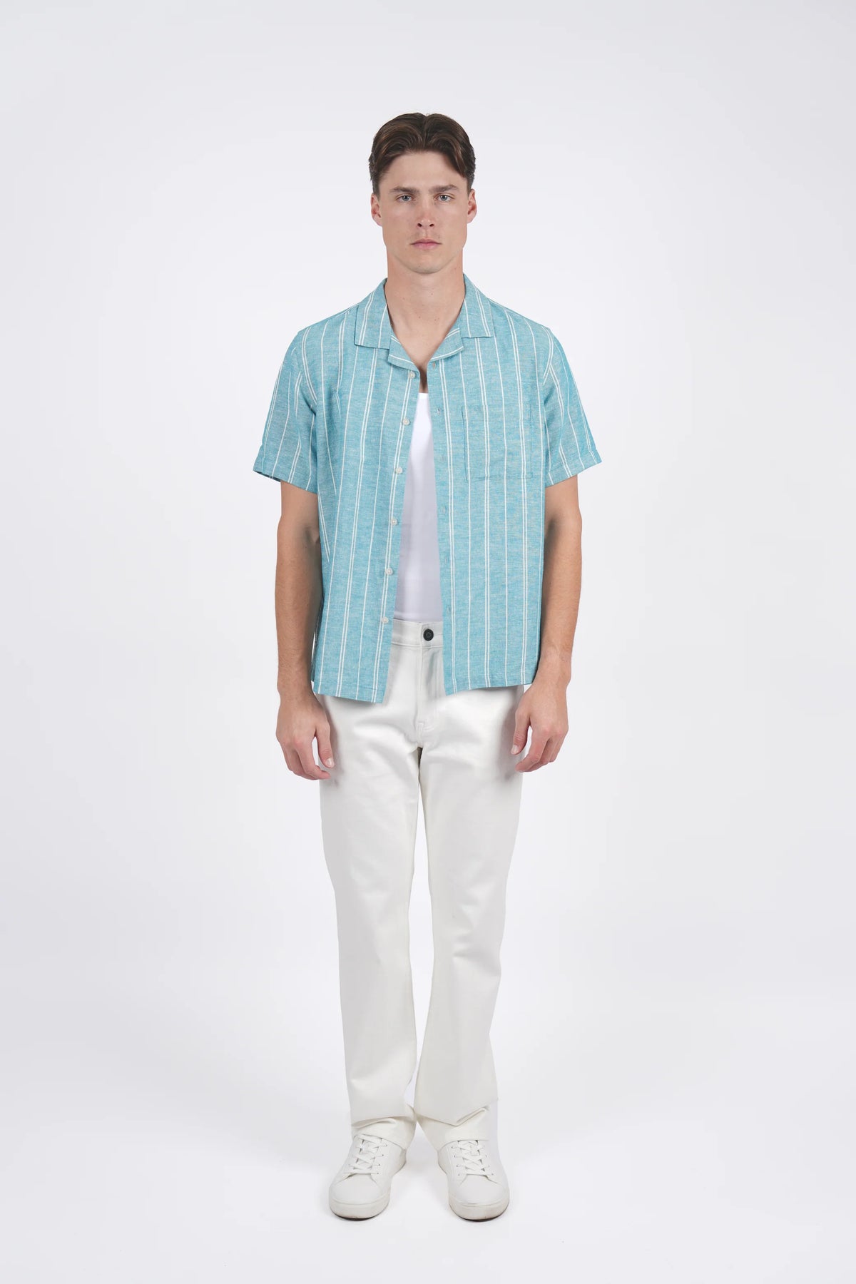 James Harper SS Shirt Cuban Collar Aqua Wide Stripe