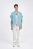 James Harper SS Shirt Cuban Collar Aqua Wide Stripe
