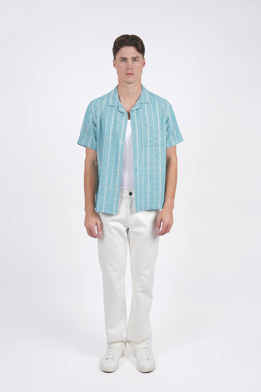James Harper SS Shirt Cuban Collar Aqua Wide Stripe