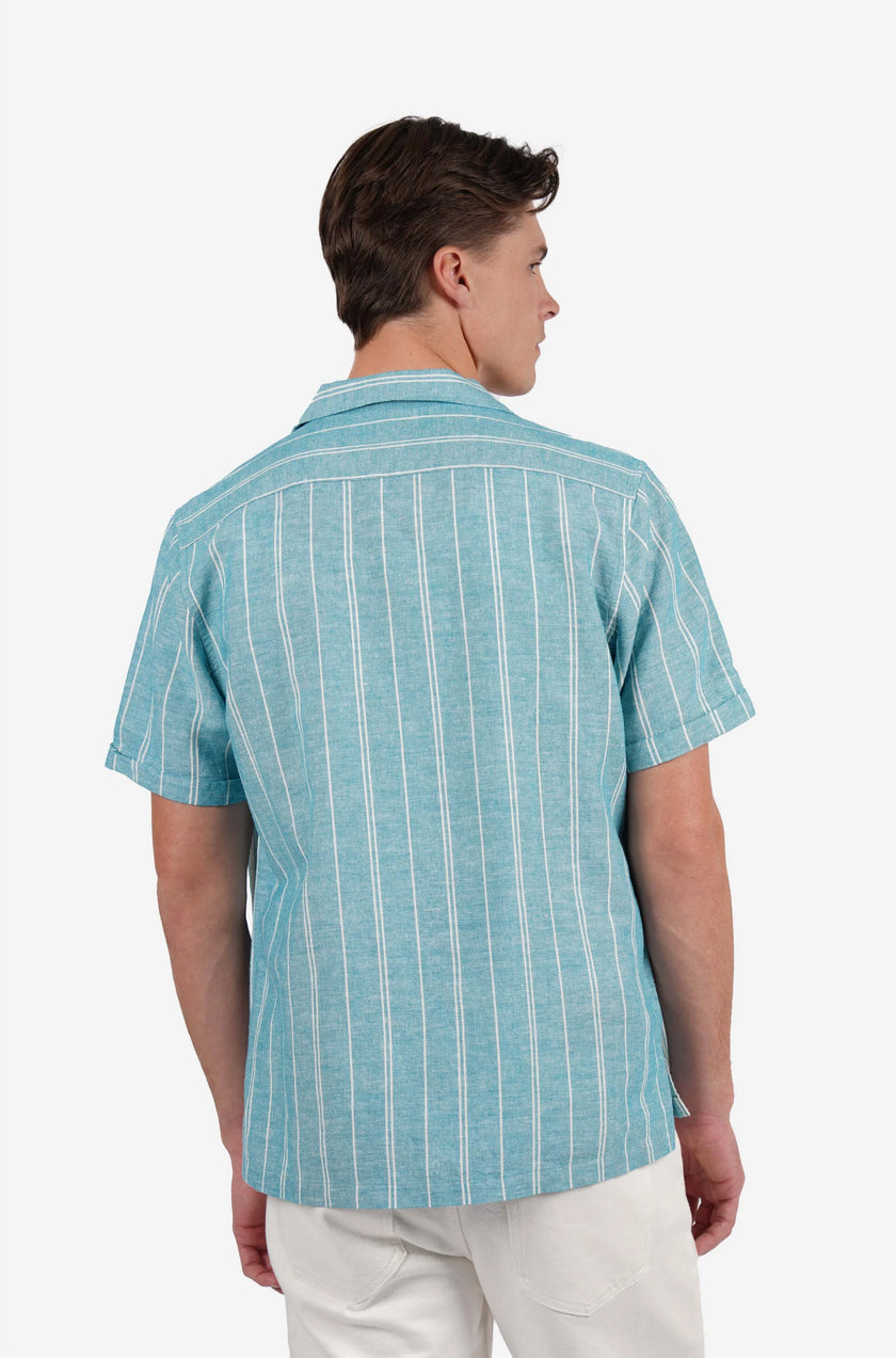 James Harper SS Shirt Cuban Collar Aqua Wide Stripe