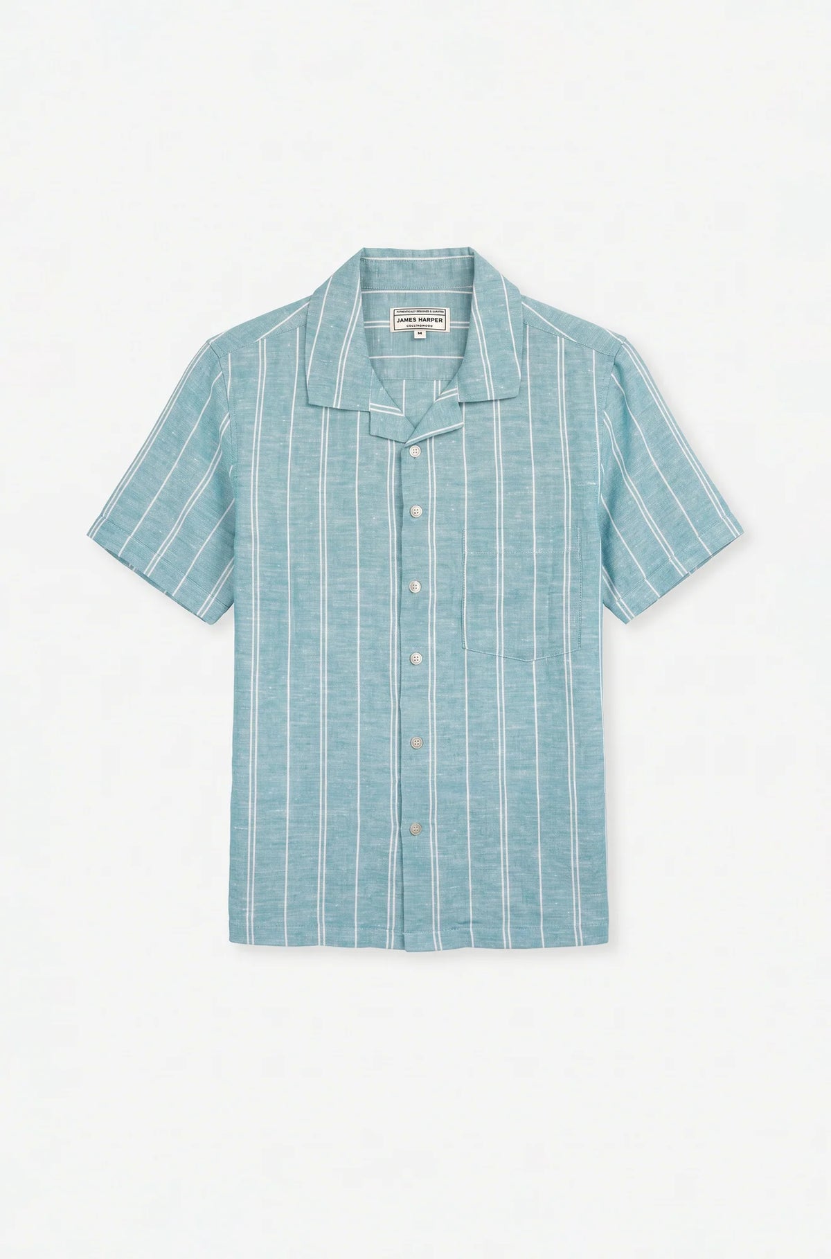 James Harper SS Shirt Cuban Collar Aqua Wide Stripe