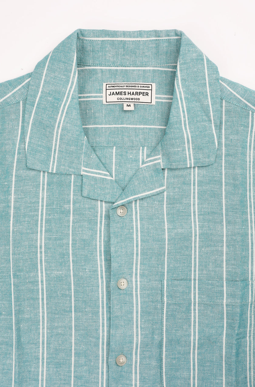 James Harper SS Shirt Cuban Collar Aqua Wide Stripe