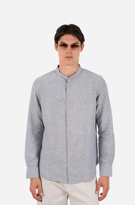 James Harper LS Grandpa Collar Shirt Blue Fine Stripe