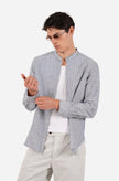 James Harper LS Grandpa Collar Shirt Blue Fine Stripe