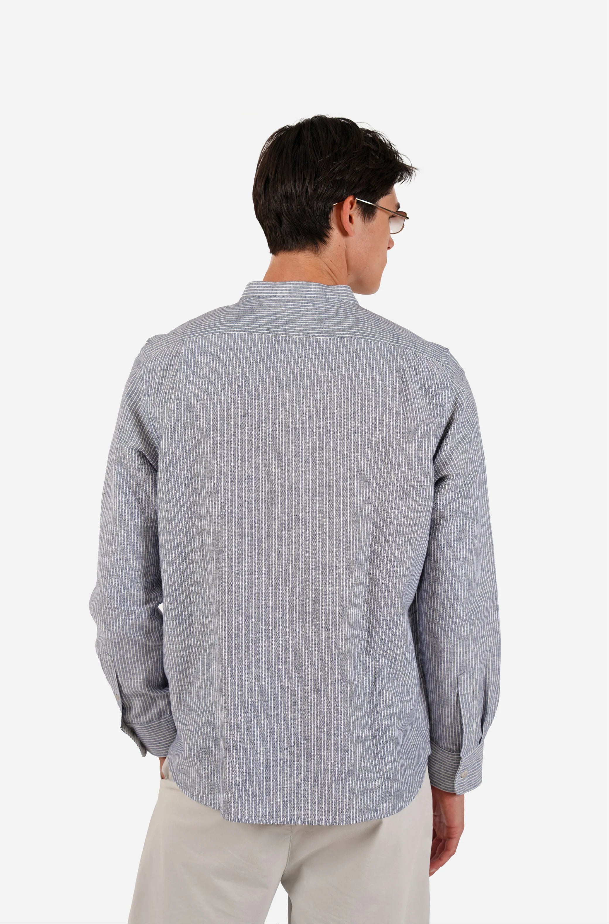 James Harper LS Grandpa Collar Shirt Blue Fine Stripe