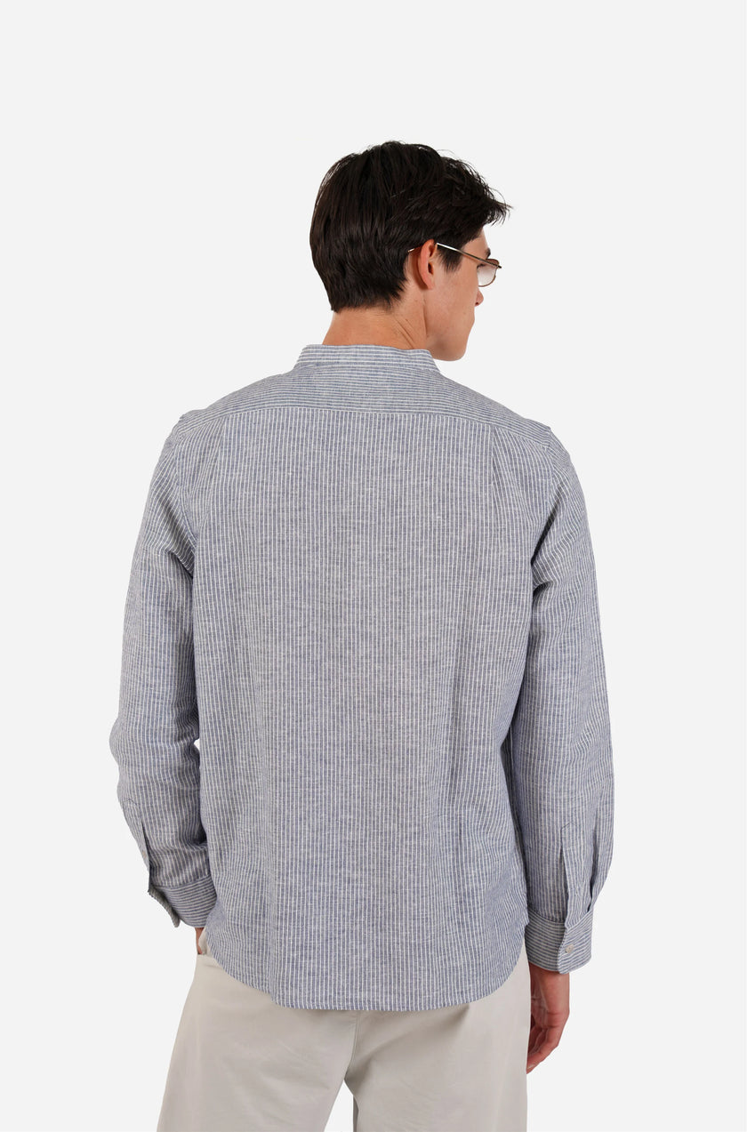 James Harper LS Grandpa Collar Shirt Blue Fine Stripe