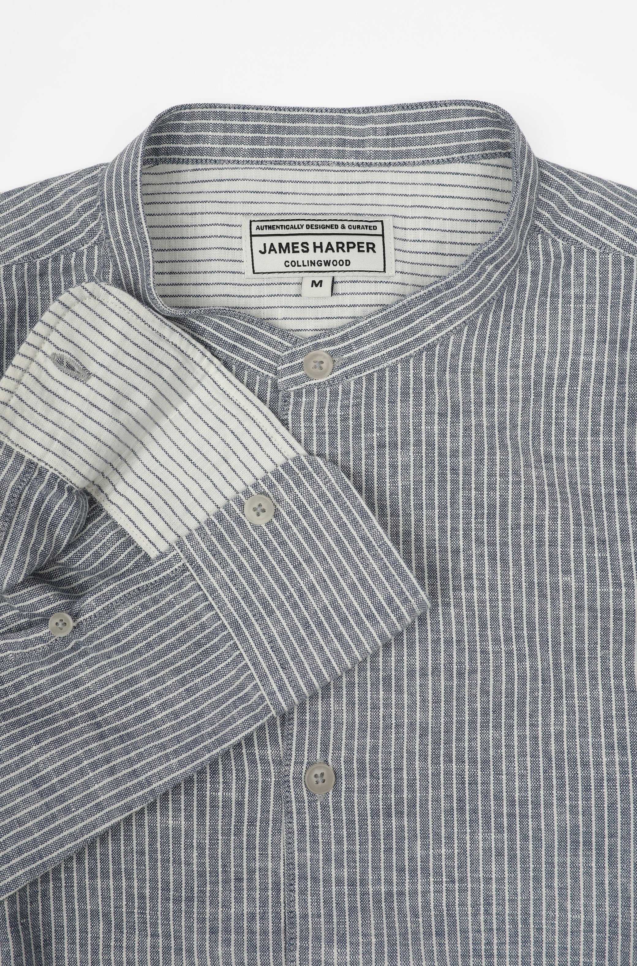 James Harper LS Grandpa Collar Shirt Blue Fine Stripe