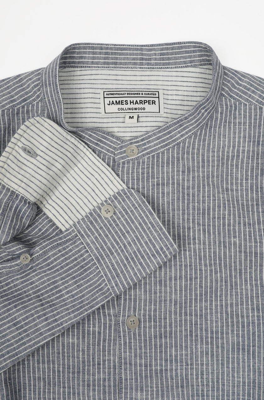 James Harper LS Grandpa Collar Shirt Blue Fine Stripe
