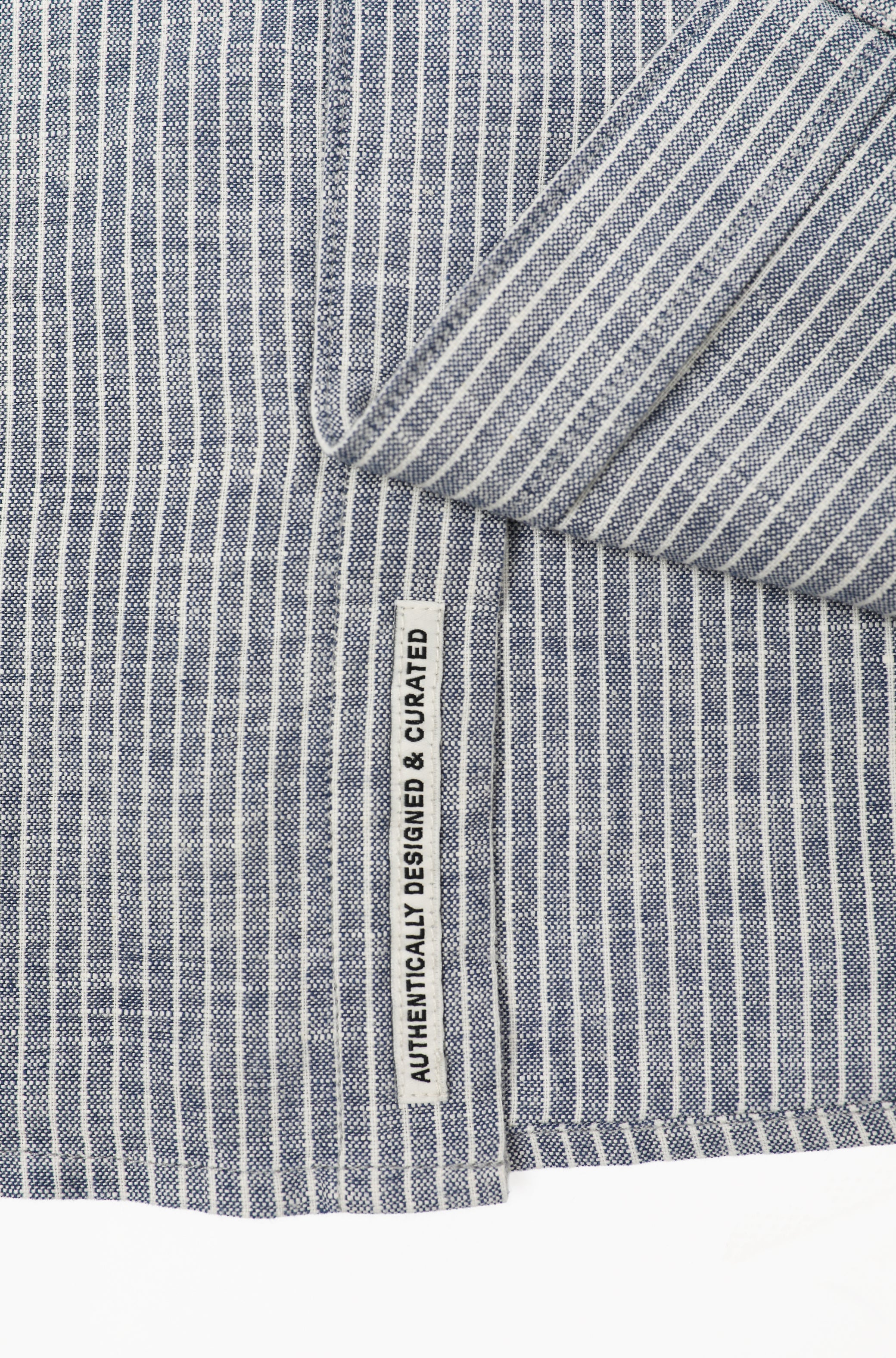 James Harper LS Grandpa Collar Shirt Blue Fine Stripe