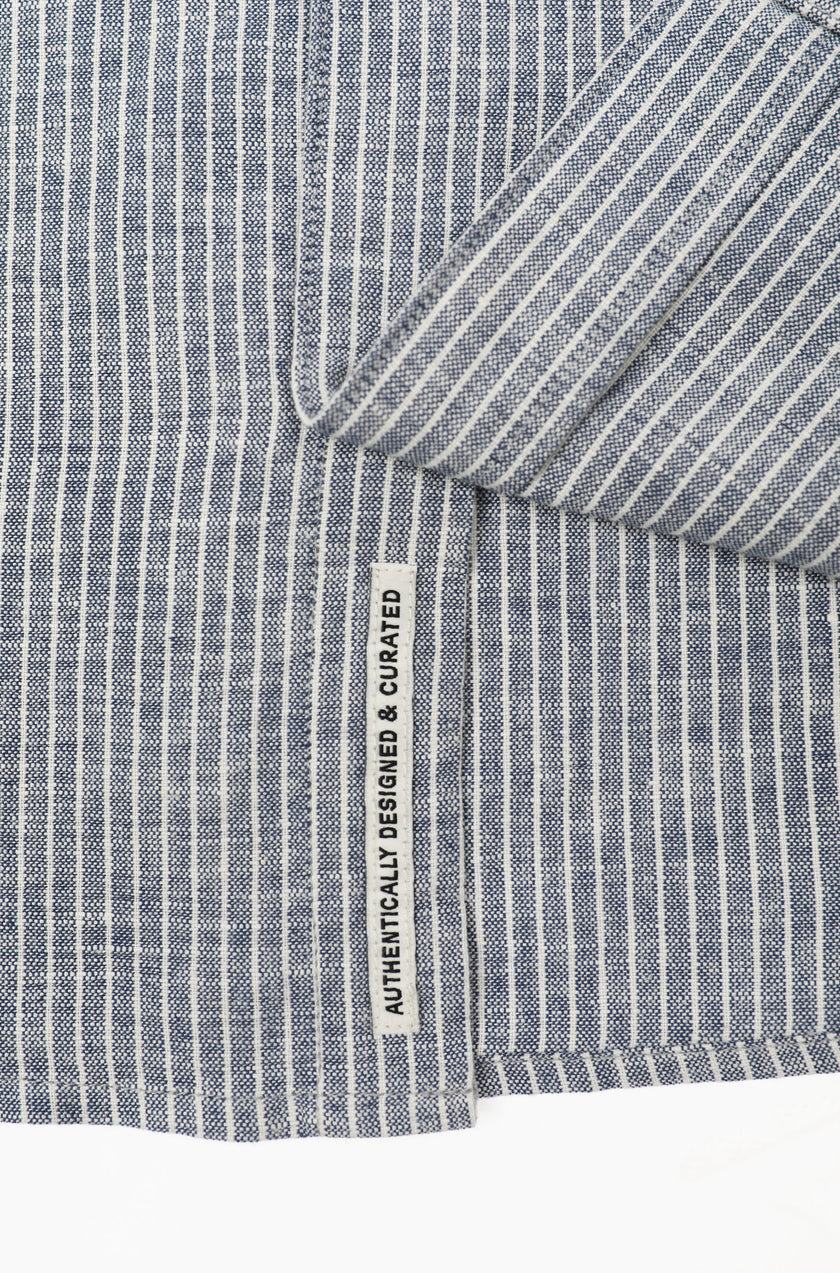 James Harper LS Grandpa Collar Shirt Blue Fine Stripe