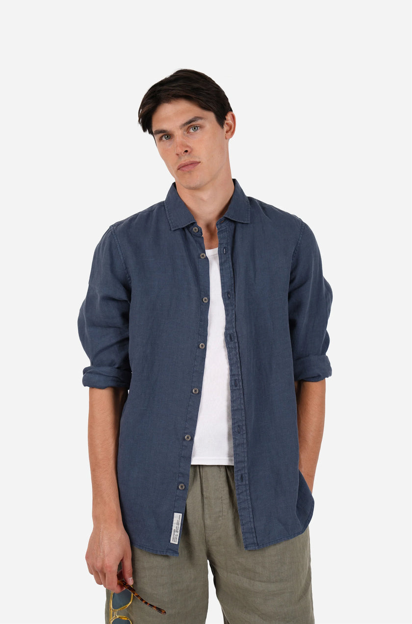 James Harper Linen LS Garment Dyed Shirt Bluesteel