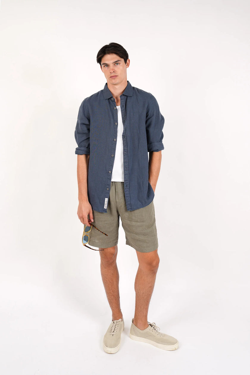 James Harper Linen LS Garment Dyed Shirt Bluesteel