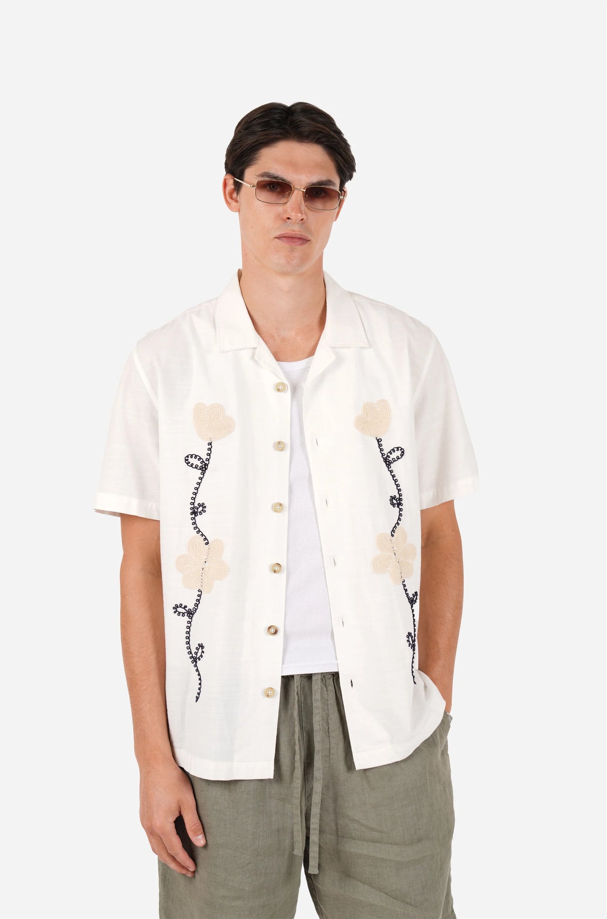 James Harper SS Cuban Collar Shirt Natural Embroidered Vine