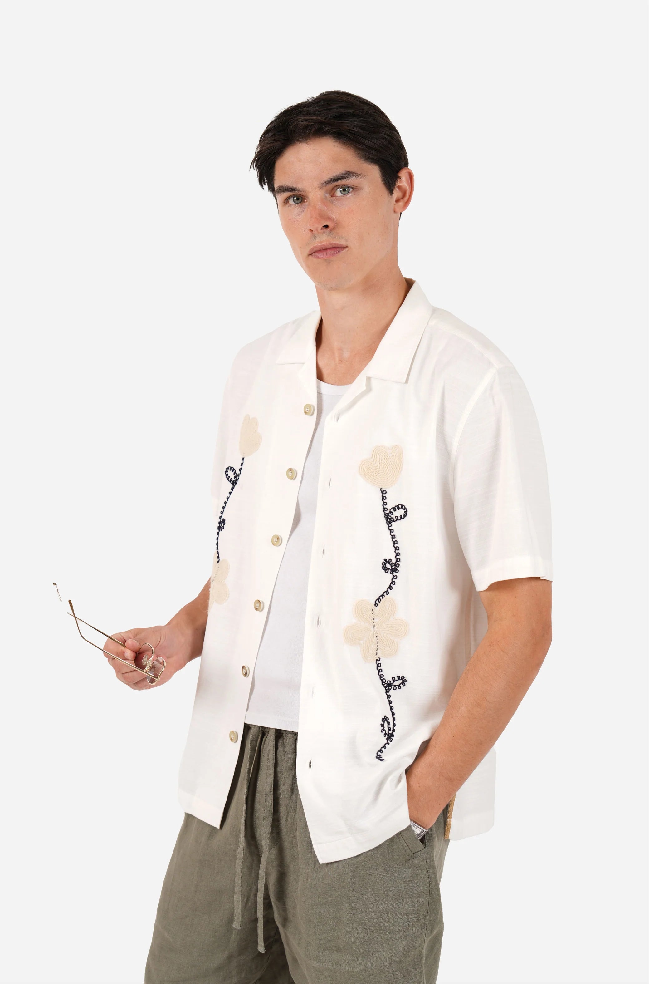 James Harper SS Cuban Collar Shirt Natural Embroidered Vine