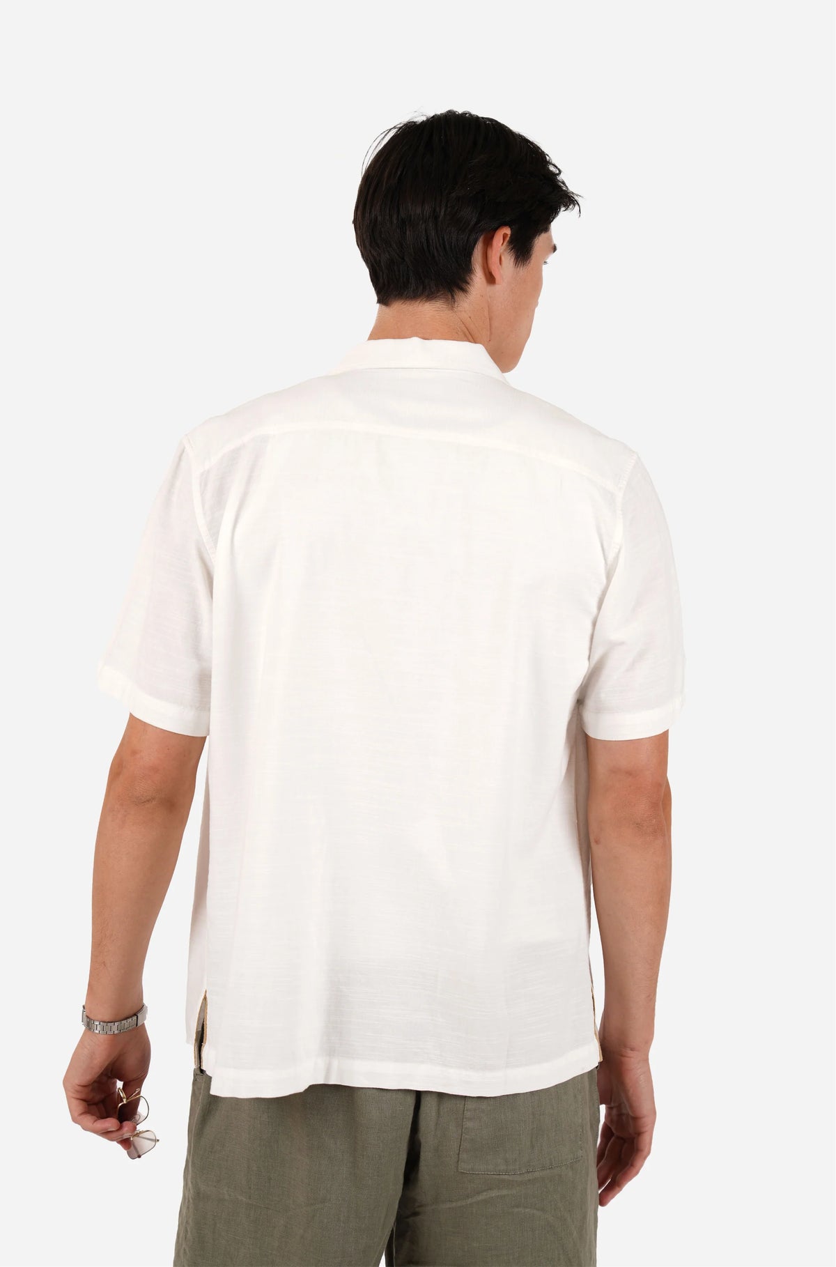 James Harper SS Cuban Collar Shirt Natural Embroidered Vine