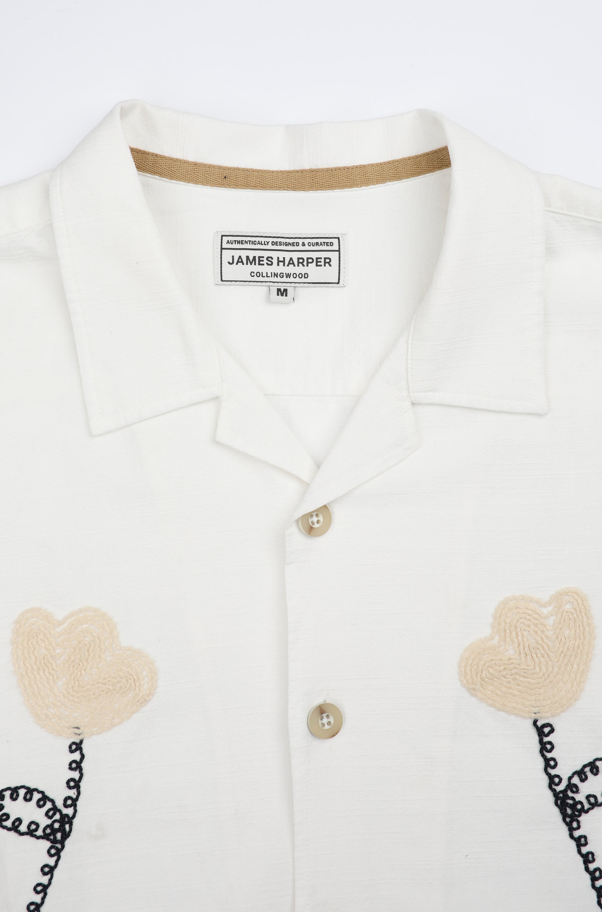 James Harper SS Cuban Collar Shirt Natural Embroidered Vine