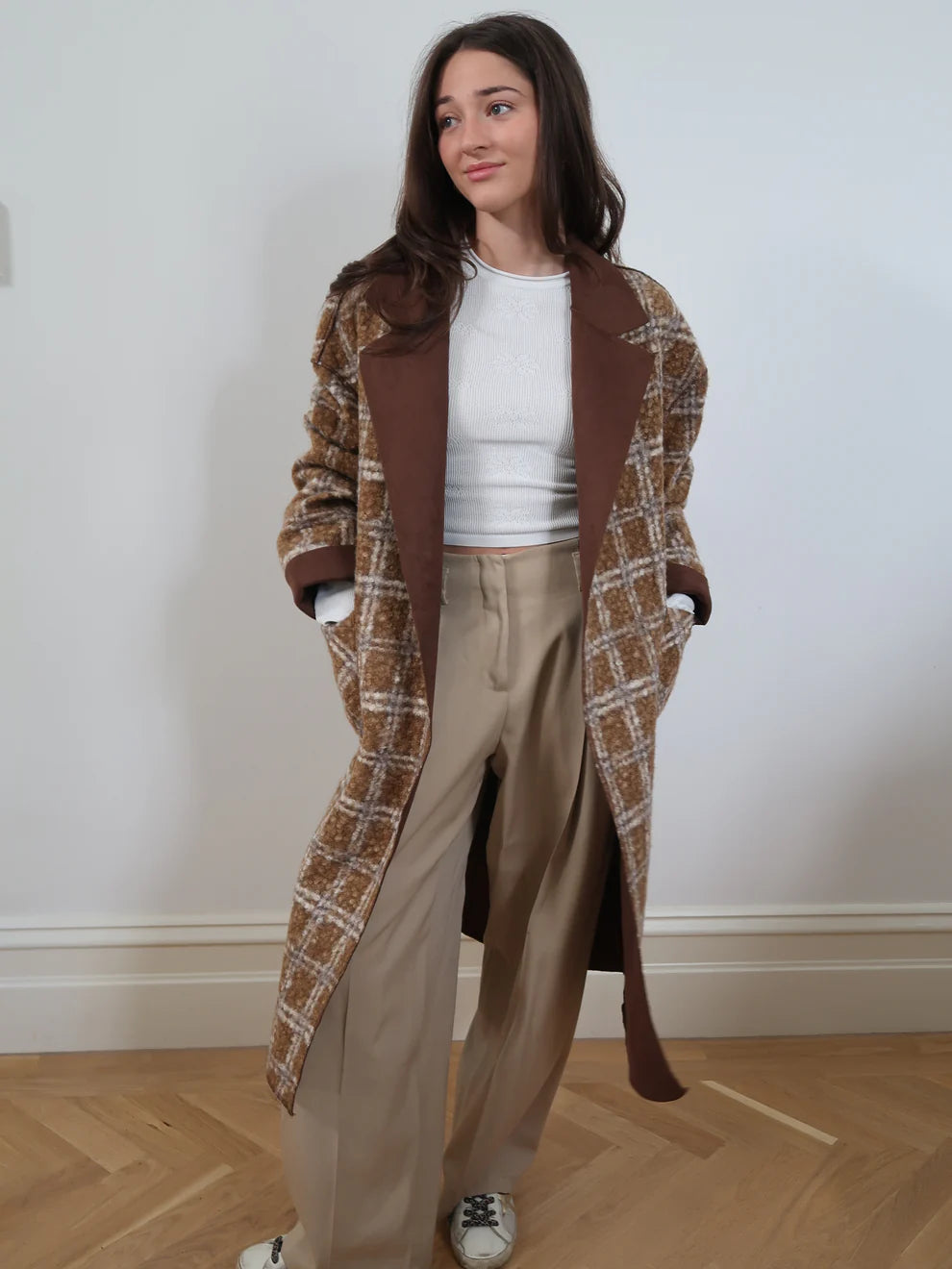 Cinnamon Creations Check Sherpa Fleece Coat Camel