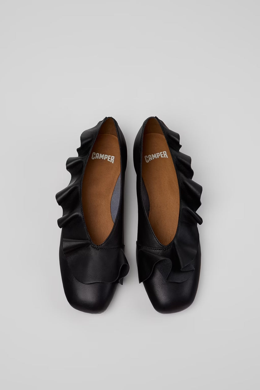 Camper Casi Myra Frilly Ballet Flats Black Leather