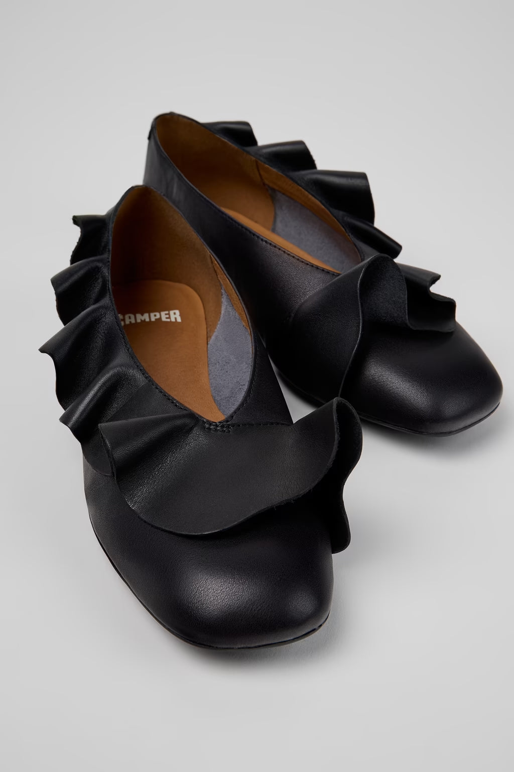 Camper Casi Myra Frilly Ballet Flats Black Leather