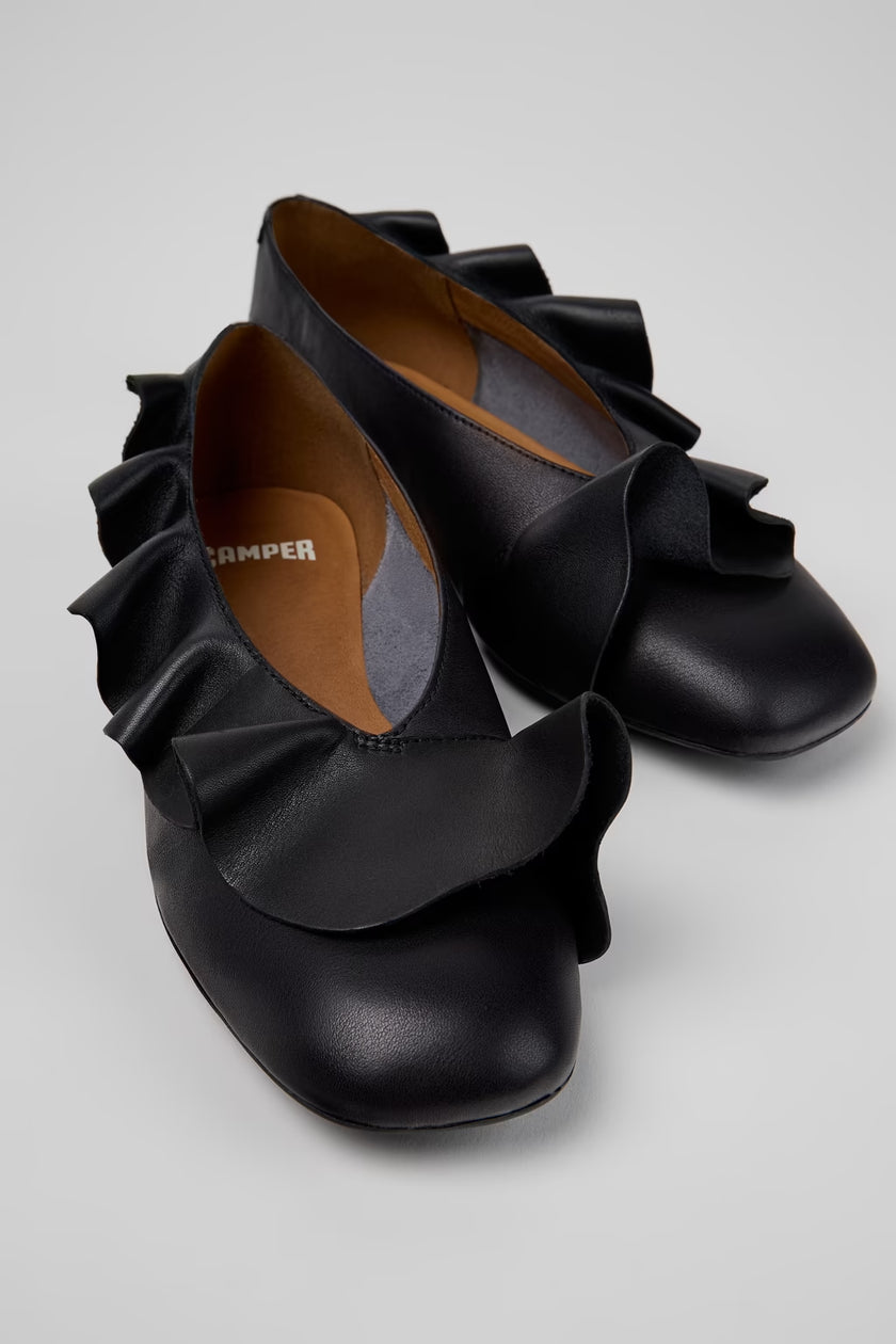 Camper Casi Myra Frilly Ballet Flats Black Leather