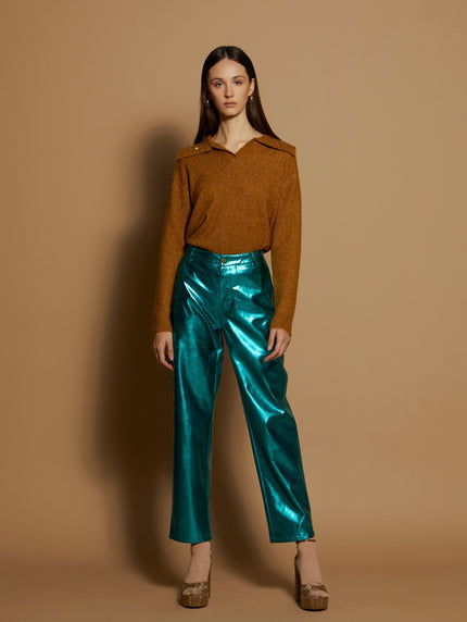 MEISÏE Metallic Ankle Length Pants Cyan