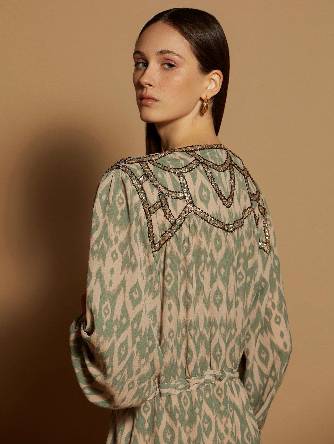 MEISÏE Embroidered Ikat Print Dress Aloe