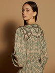 MEISÏE Embroidered Ikat Print Dress Aloe
