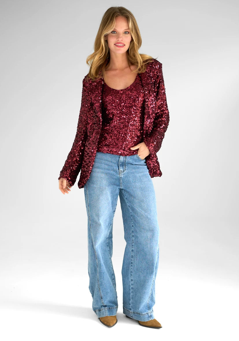 Miss Goodlife Bordeaux Sequin Blazer Burgundy