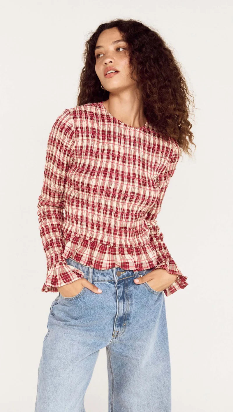 MINKPINK Anouk Shirred Top Wine Check
