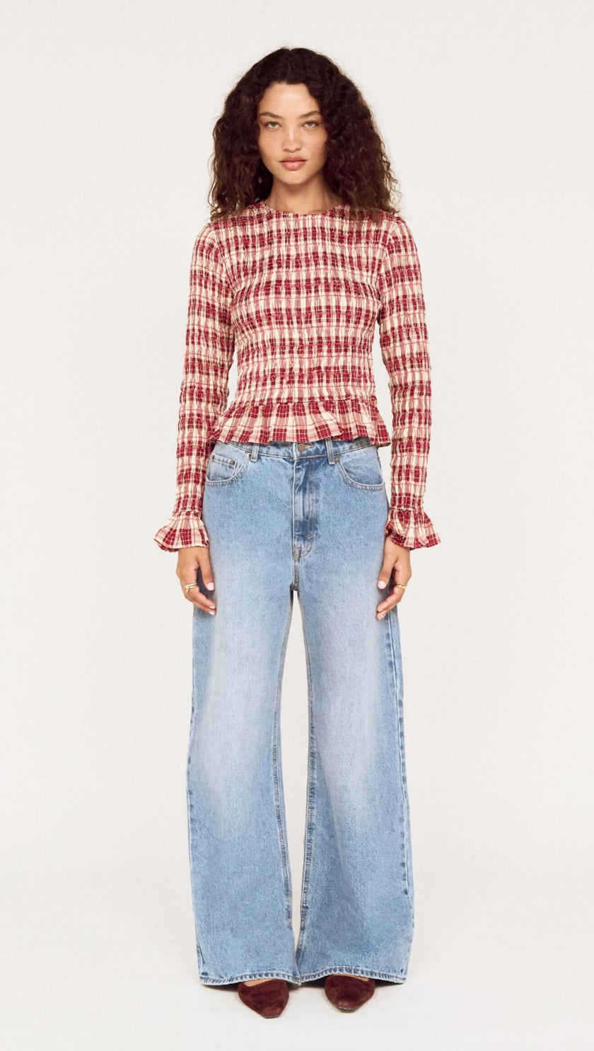 MINKPINK Anouk Shirred Top Wine Check