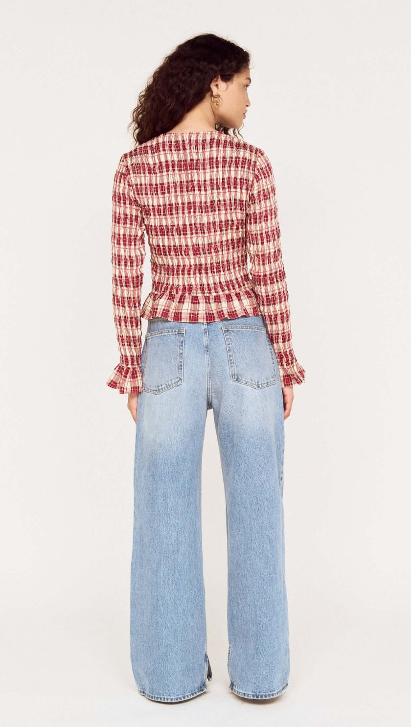 MINKPINK Anouk Shirred Top Wine Check