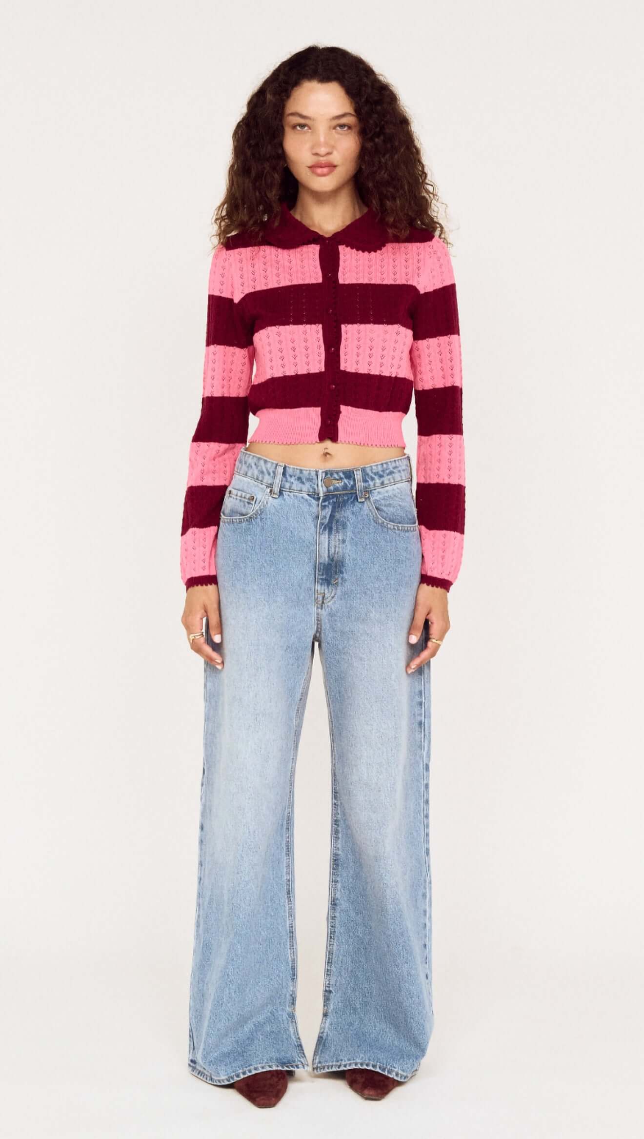 MINKPINK Selena Pointelle Cardigan Wine/Pop Pink Stripe